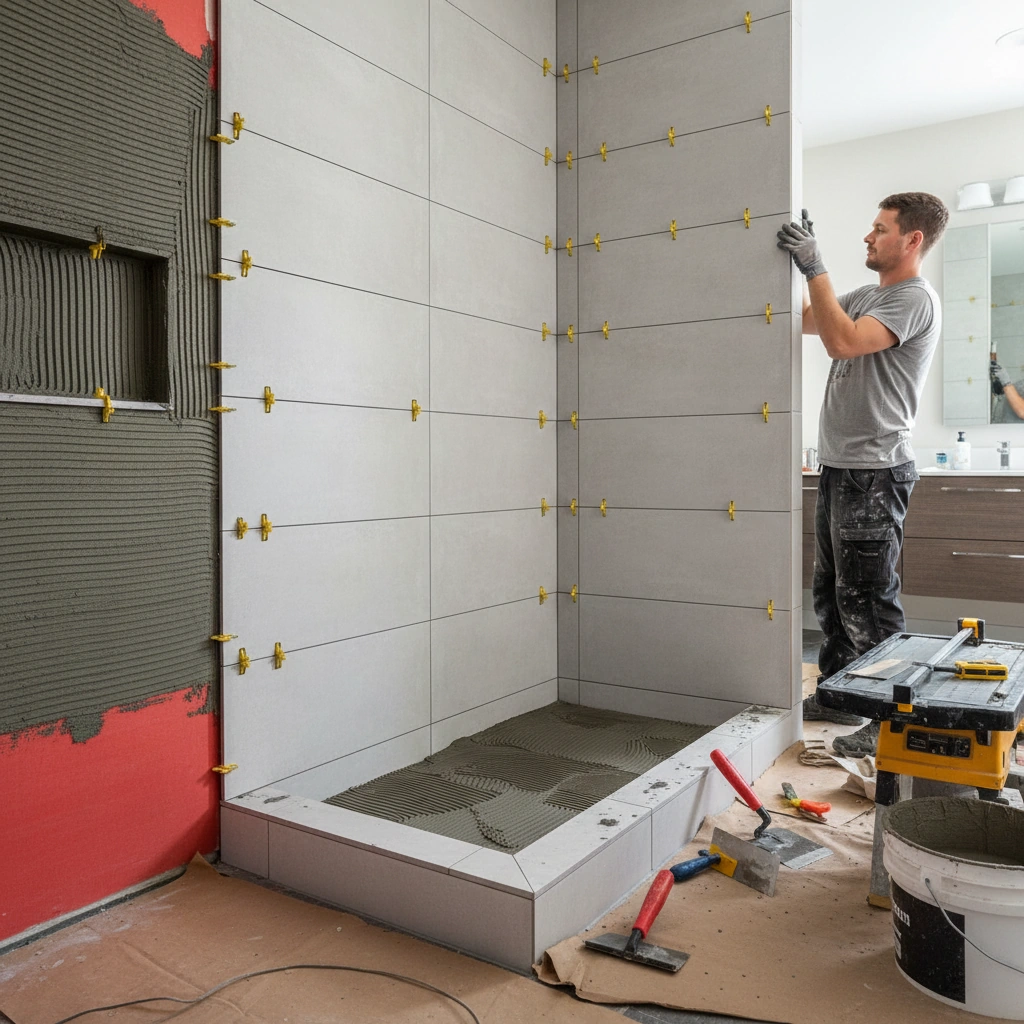 Worker installing a large gray wall tile with yellow leveling clips in a bathroom