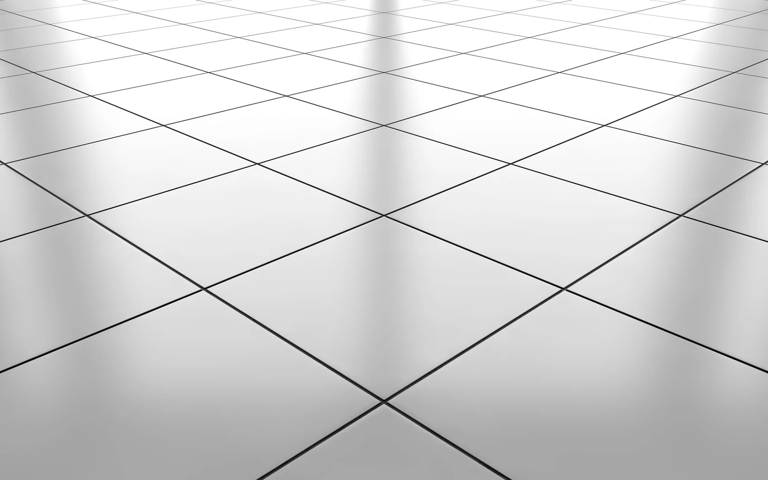 Glossy white tiled floor with dark grout lines reflecting light