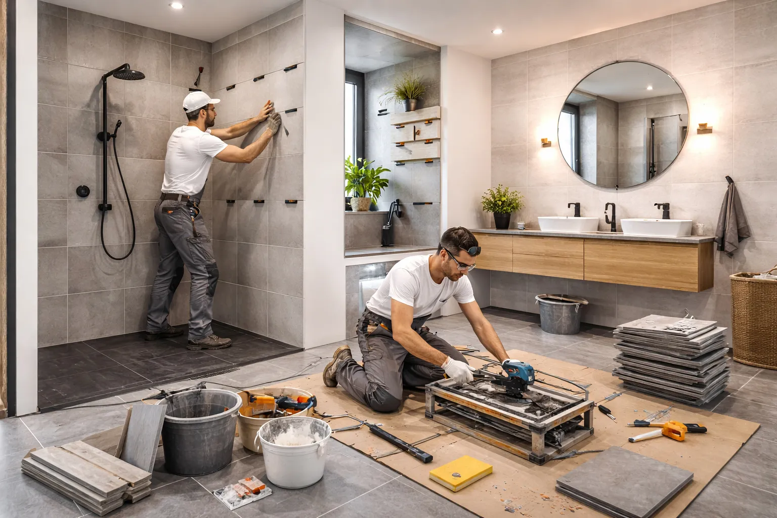 Two workers renovating a bathroom, installing shower wall tiles and cutting tiles with a wet saw